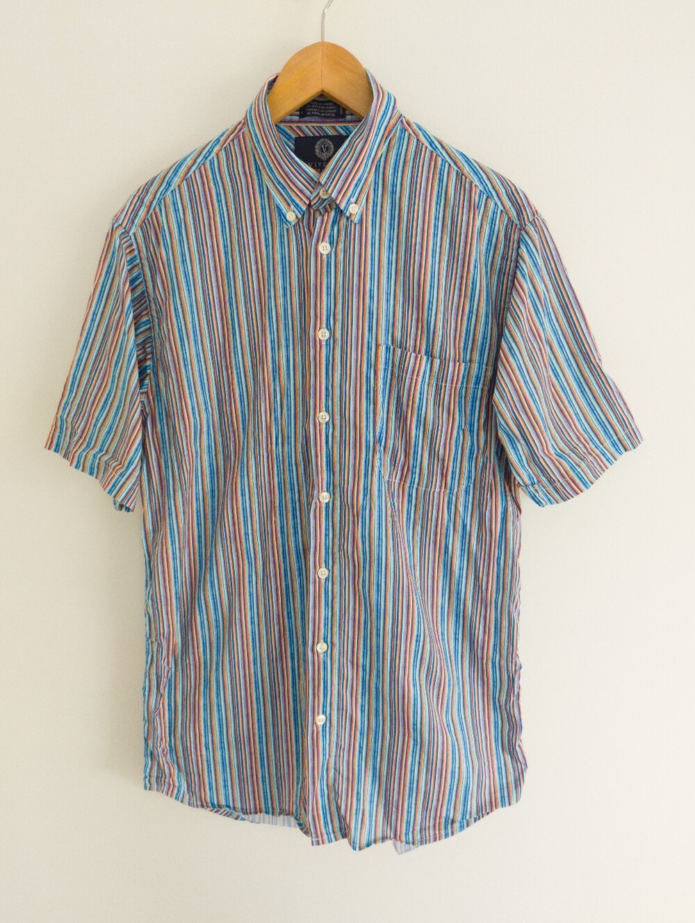 Viyella Mens Medium Short Sleeve Striped Button Down Shirt Cotton Stretch Blue
